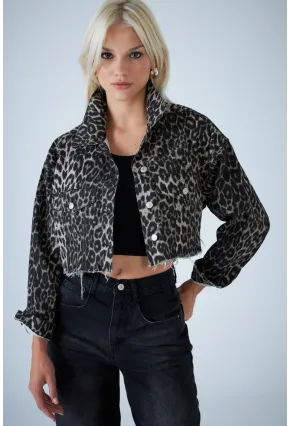 Kadın Taş-Siyah Kısa Leopar Denim Ceket TSS103