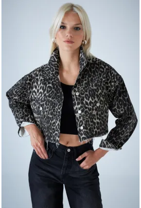 Kadın Taş-Siyah Kısa Leopar Denim Ceket TSS103
