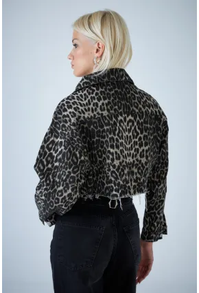 Kadın Taş-Siyah Kısa Leopar Denim Ceket TSS103