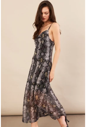 Kadın Taş-Siyah Sırtı Açık Desenli Midi Tül Elbise İRE992