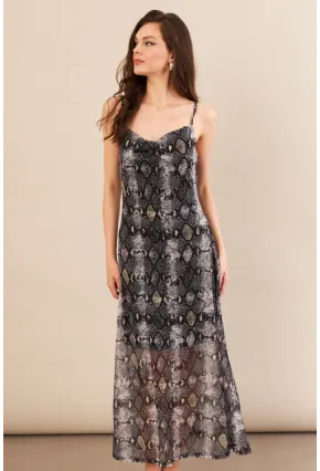 Kadın Taş-Siyah Sırtı Açık Desenli Midi Tül Elbise İRE992