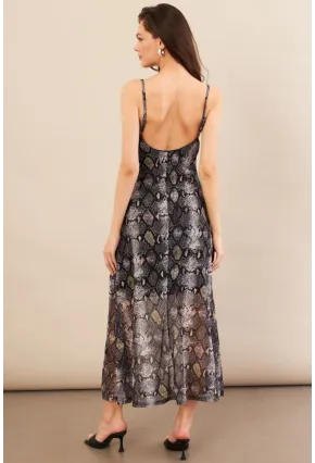 Kadın Taş-Siyah Sırtı Açık Desenli Midi Tül Elbise İRE992