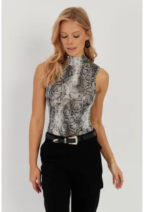 Kadın Taş-Siyah Yılan Desenli Kolsuz Bluz LPP1259