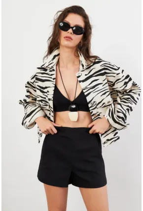 Kadın Taş-Siyah Zebra Desenli Ceket QS5337-90