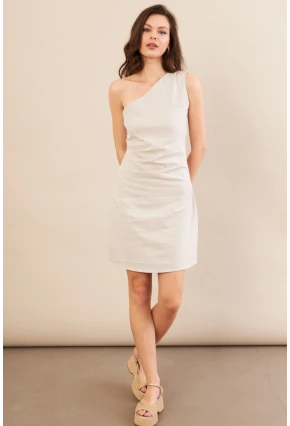 Kadın Taş Tek Omuz Astarlı Mini Keten Elbise AYD416