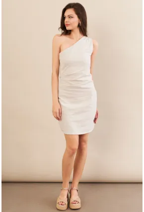 Kadın Taş Tek Omuz Astarlı Mini Keten Elbise AYD416