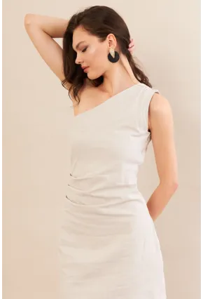 Kadın Taş Tek Omuz Astarlı Mini Keten Elbise AYD416