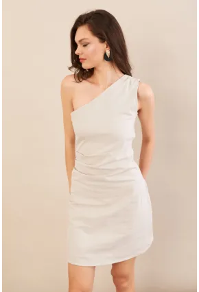 Kadın Taş Tek Omuz Astarlı Mini Keten Elbise AYD416