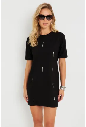 Kadın Taşlı Mini Elbise Siyah ST831