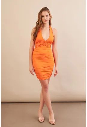 Kadın Turuncu Boyundan Bağlamalı Drapeli Mini Elbise DCF033-90