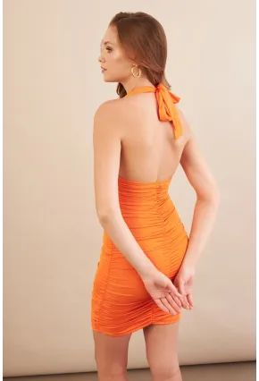 Kadın Turuncu Boyundan Bağlamalı Drapeli Mini Elbise DCF033-90