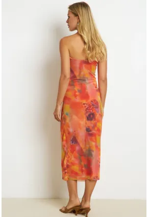 Kadın Turuncu Büzgülü Astarlı Tül Midi Elbise YEL89