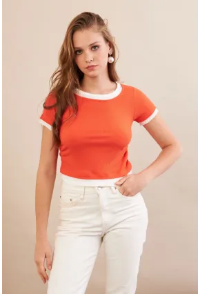 Kadın Turuncu Büzgülü Beyaz Garnili Bluz MX9465