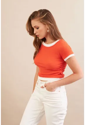 Kadın Turuncu Büzgülü Beyaz Garnili Bluz MX9465