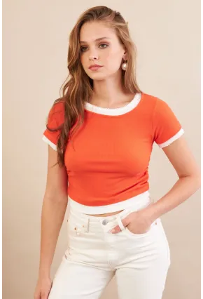 Kadın Turuncu Büzgülü Beyaz Garnili Bluz MX9465