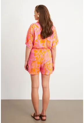 Kadın Turuncu Desenli Gömlek Şort Takım Q1007