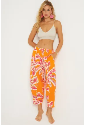 Kadın Turuncu Desenli Keten Şalvar Pantolon K1253