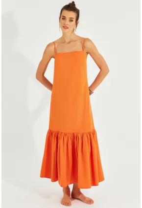 Kadın Turuncu Eteği Volanlı Askılı Midi Elbise MEN2001