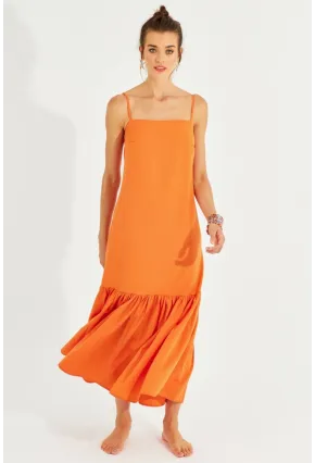 Kadın Turuncu Eteği Volanlı Askılı Midi Elbise MEN2001