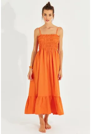 Kadın Turuncu Gipeli Askılı Midi Elbise MEN2000