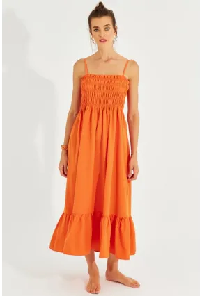Kadın Turuncu Gipeli Askılı Midi Elbise MEN2000