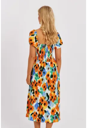 Kadın Turuncu Gipeli Desenli Midi Elbise MON126