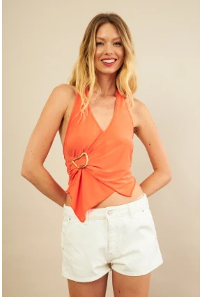 Kadın Turuncu Tokalı Asimetrik Crop Bluz AN8134