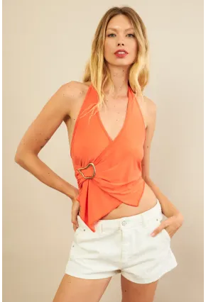 Kadın Turuncu Tokalı Asimetrik Crop Bluz AN8134