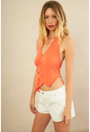 Kadın Turuncu Tokalı Asimetrik Crop Bluz AN8134