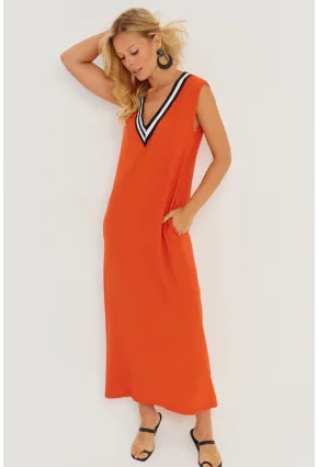Kadın Turuncu V Yaka Bloklu Maxi Elbise EY2779