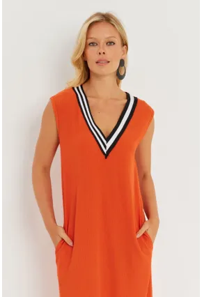 Kadın Turuncu V Yaka Bloklu Maxi Elbise EY2779