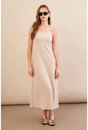 Kadın Vanilya Ayarlanabilir Askılı Bürümcük Midi Elbise MX9455