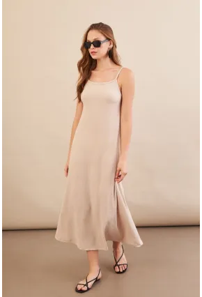 Kadın Vanilya Ayarlanabilir Askılı Bürümcük Midi Elbise MX9455