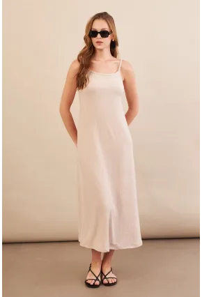Kadın Vanilya Ayarlanabilir Askılı Bürümcük Midi Elbise MX9455