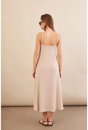Kadın Vanilya Ayarlanabilir Askılı Bürümcük Midi Elbise MX9455