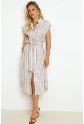 Kadın Vanilya Çizgili Midi Gömlek Elbise SF1000