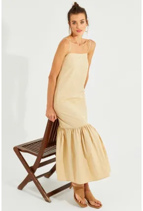 Kadın Vanilya Eteği Volanlı Askılı Midi Elbise MEN2001