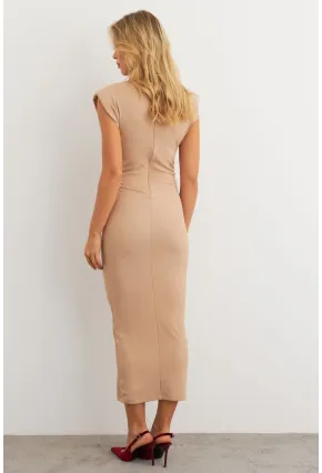 Kadın Vanilya Omuzları Vatkalı Drape Maxi Elbise KED4252