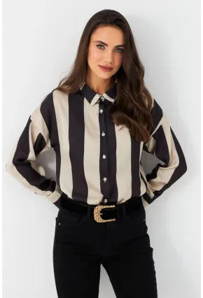 Kadın Vanilya-Siyah Desenli Saten Gömlek MSHR500