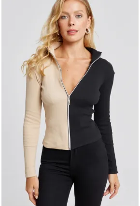 Kadın Vanilya-Siyah Renk Bloklu Kaşkorse Bluz EY2586