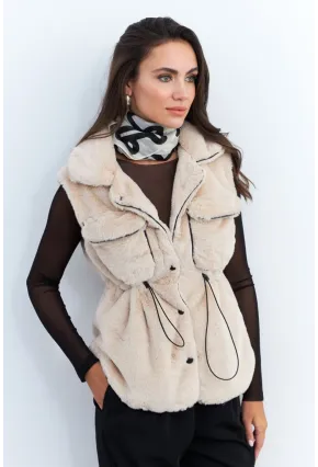 Kadın Vanilya Suni Kürk Cepli Yelek MK66