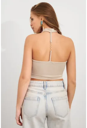 Kadın Vanilya Zincir Aksesuarlı Degaje Yaka Bluz MTK13443