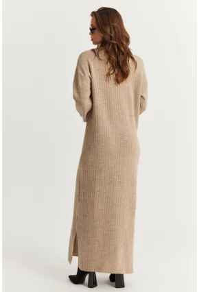 Kadın Vizon Yakası Fermuarlı Triko Maxi Elbise MNUV10