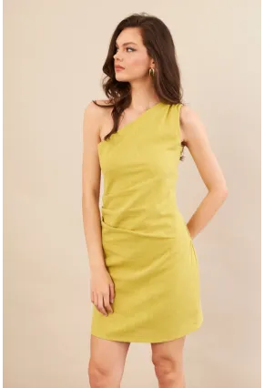 Kadın Yağ Yeşili Tek Omuz Astarlı Mini Keten Elbise AYD416