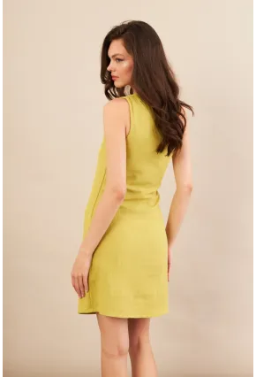 Kadın Yağ Yeşili Tek Omuz Astarlı Mini Keten Elbise AYD416