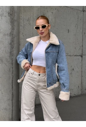Kadın Yakası Peluş Kot Ceket