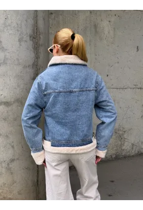 Kadın Yakası Peluş Kot Ceket