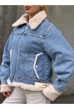 Kadın Yakası Peluş Kot Ceket