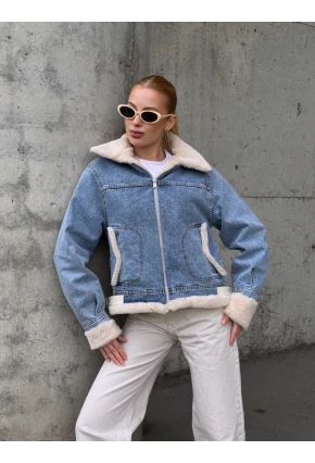 Kadın Yakası Peluş Kot Ceket