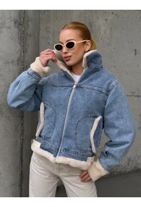 Kadın Yakası Peluş Kot Ceket